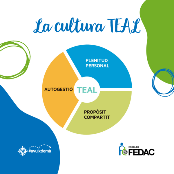 La nova cultura escolar de les escoles FEDAC és la cultura TEAL, basada en la plenitud personal, un propòsit evolutiu compartit i l'autogesió.
